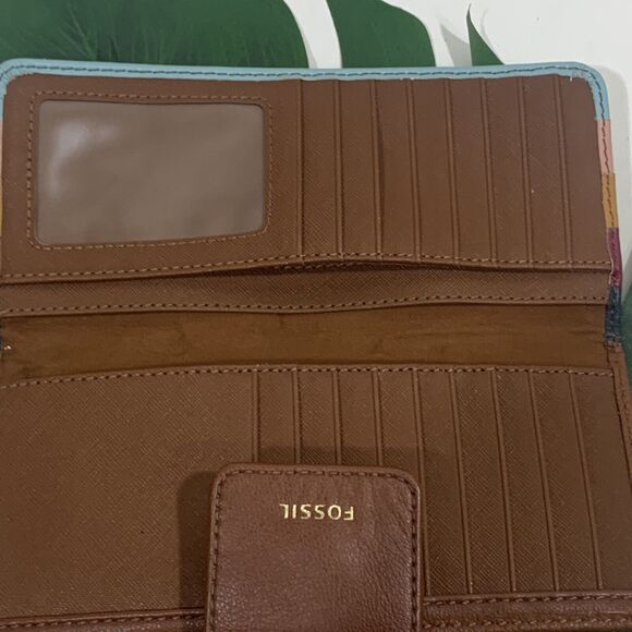 Fossil Leather Stripe Snap Button RFID Wallet Women - Picture 7 of 9